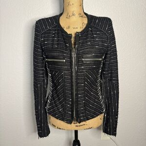 Isabel Marant Wool Silk Crista Moto Jacket Leather Trim Black Tweed Size 1 S